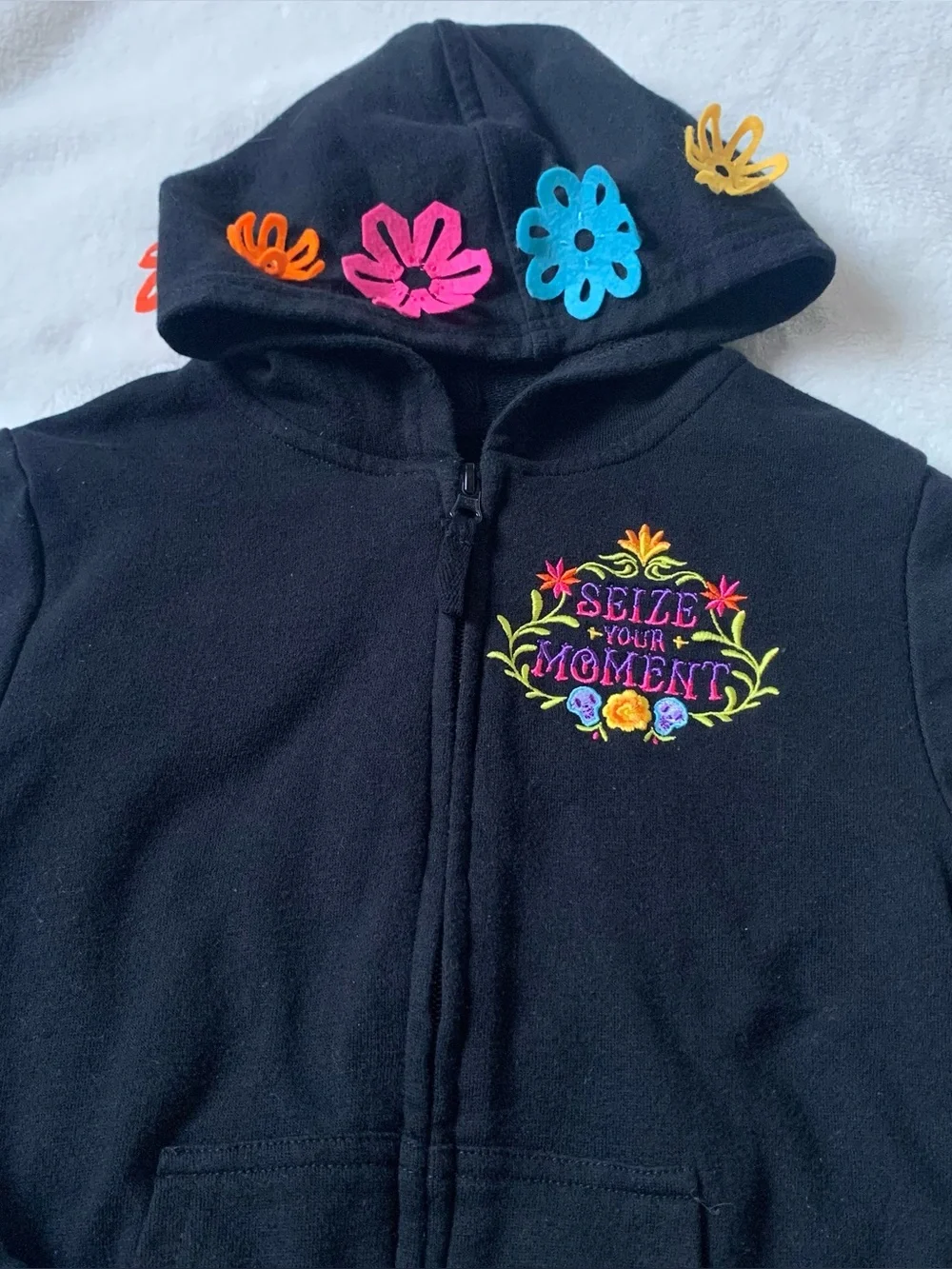 Disney Parks Kids Black Coco Hoodie with Colorful Sugar Skull Back Graphic Size